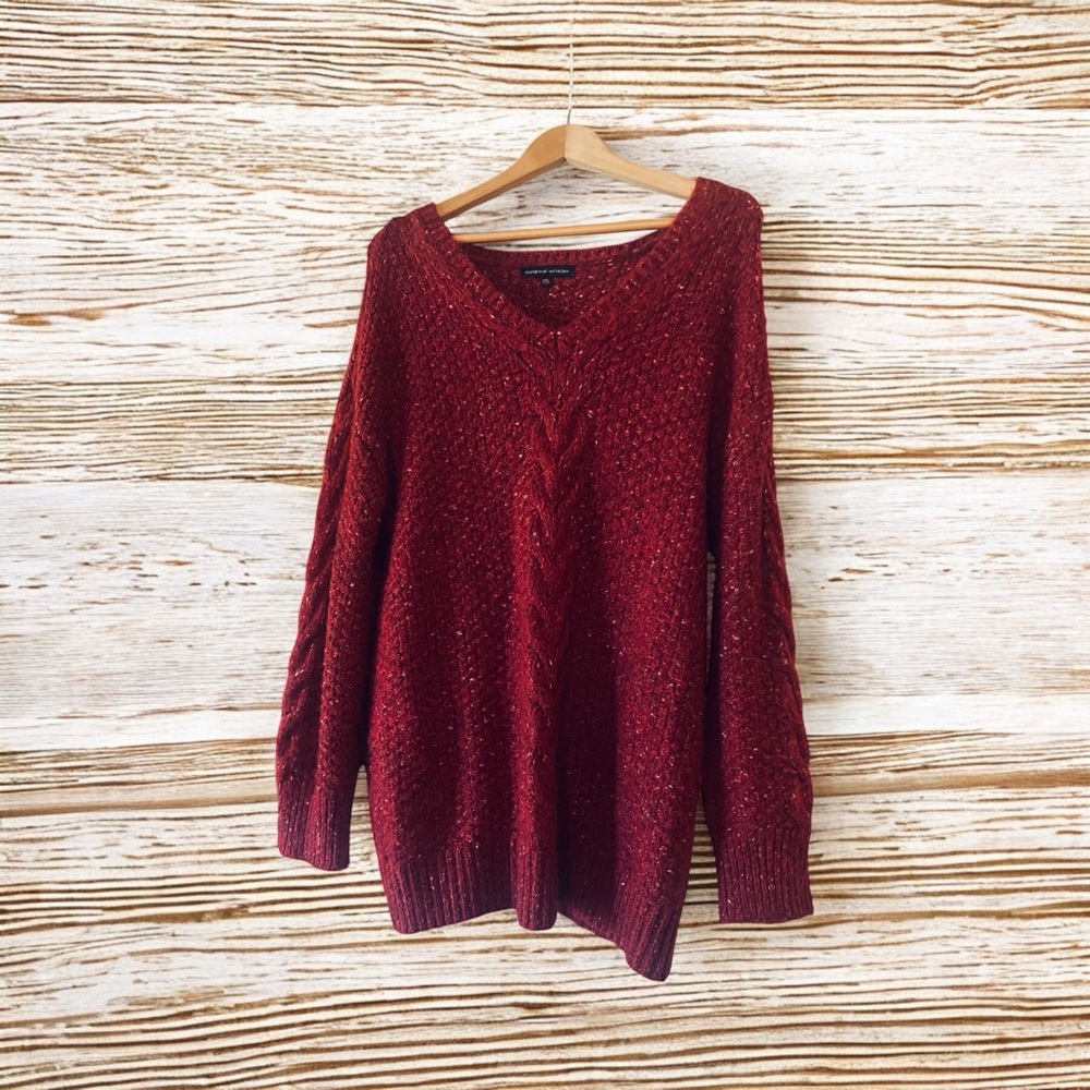 Women's Red V-Neck Sweater - Picture 4 of 5